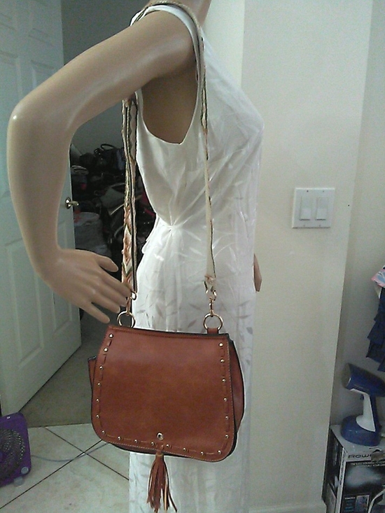 FASHION BOUTIQUE Handbags - NWOT FAUX LEATHER BOHO Brown Crossbody Bag W/Tassel DECORATED  GUITAR STRAP